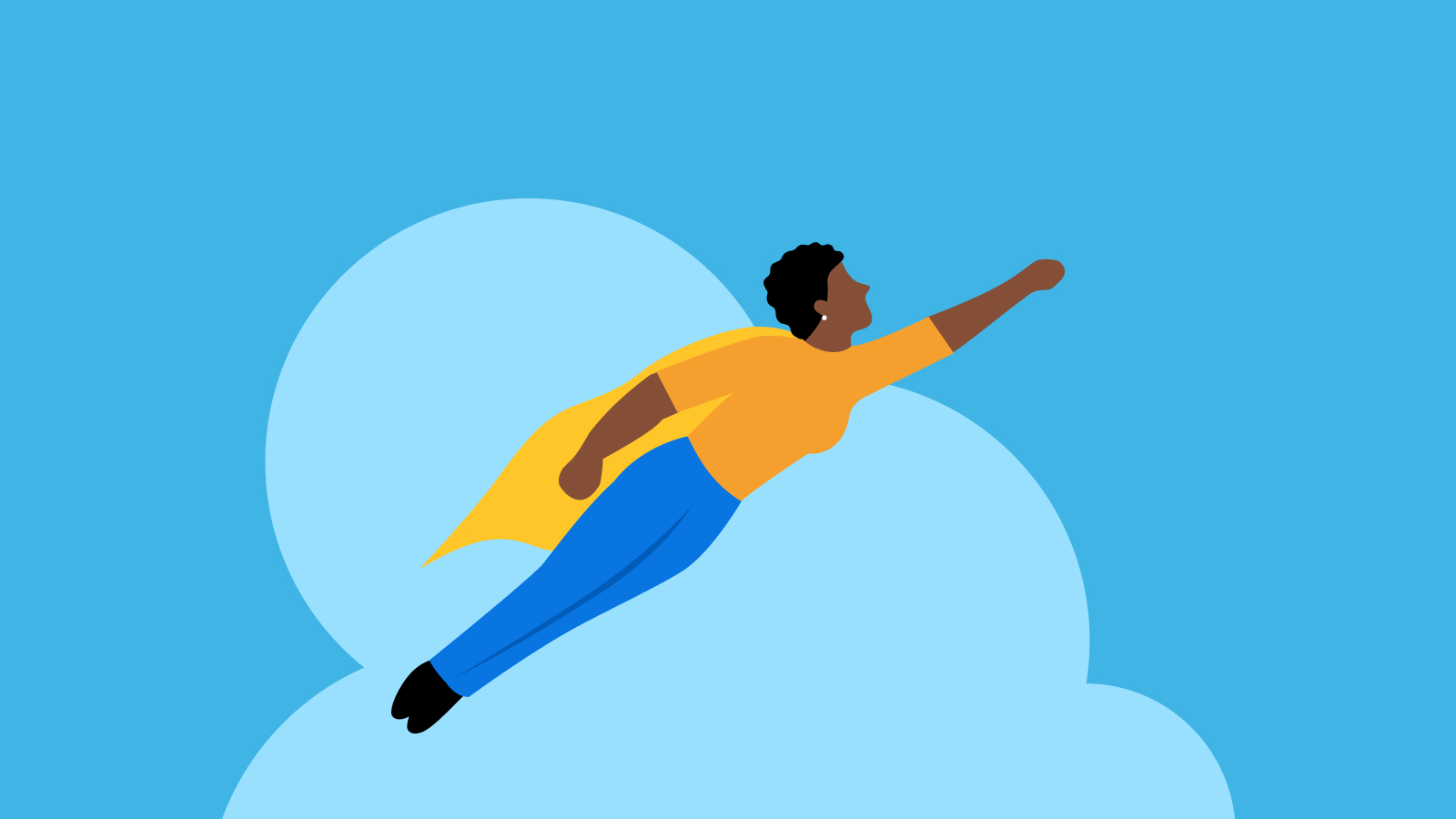 illustration of woman with a cap flying in front of cloud